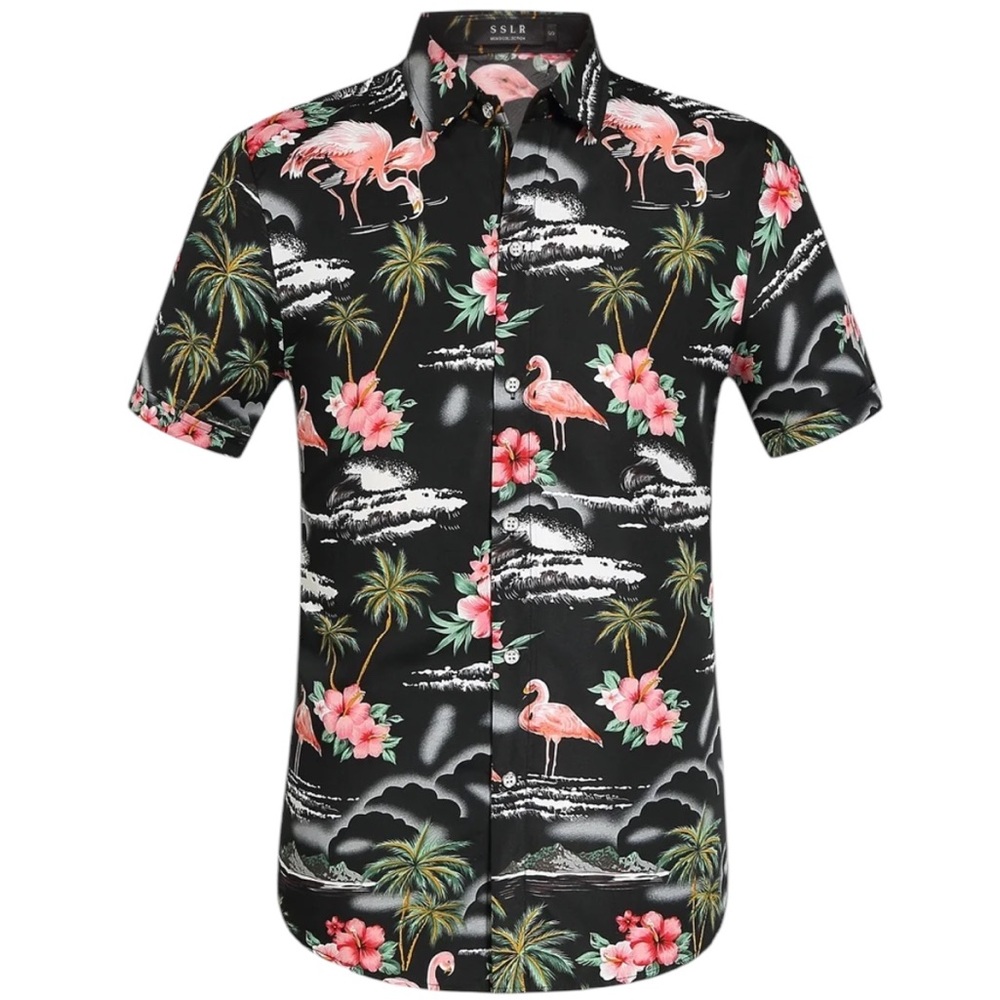 SSLR men’s collection tropical black & pink flamingo button up